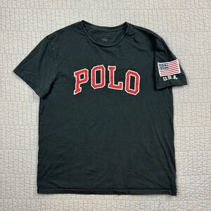 Polo Ralph Lauren T Shirt Men Medium Black Spellout Logo USA American Flag Patch